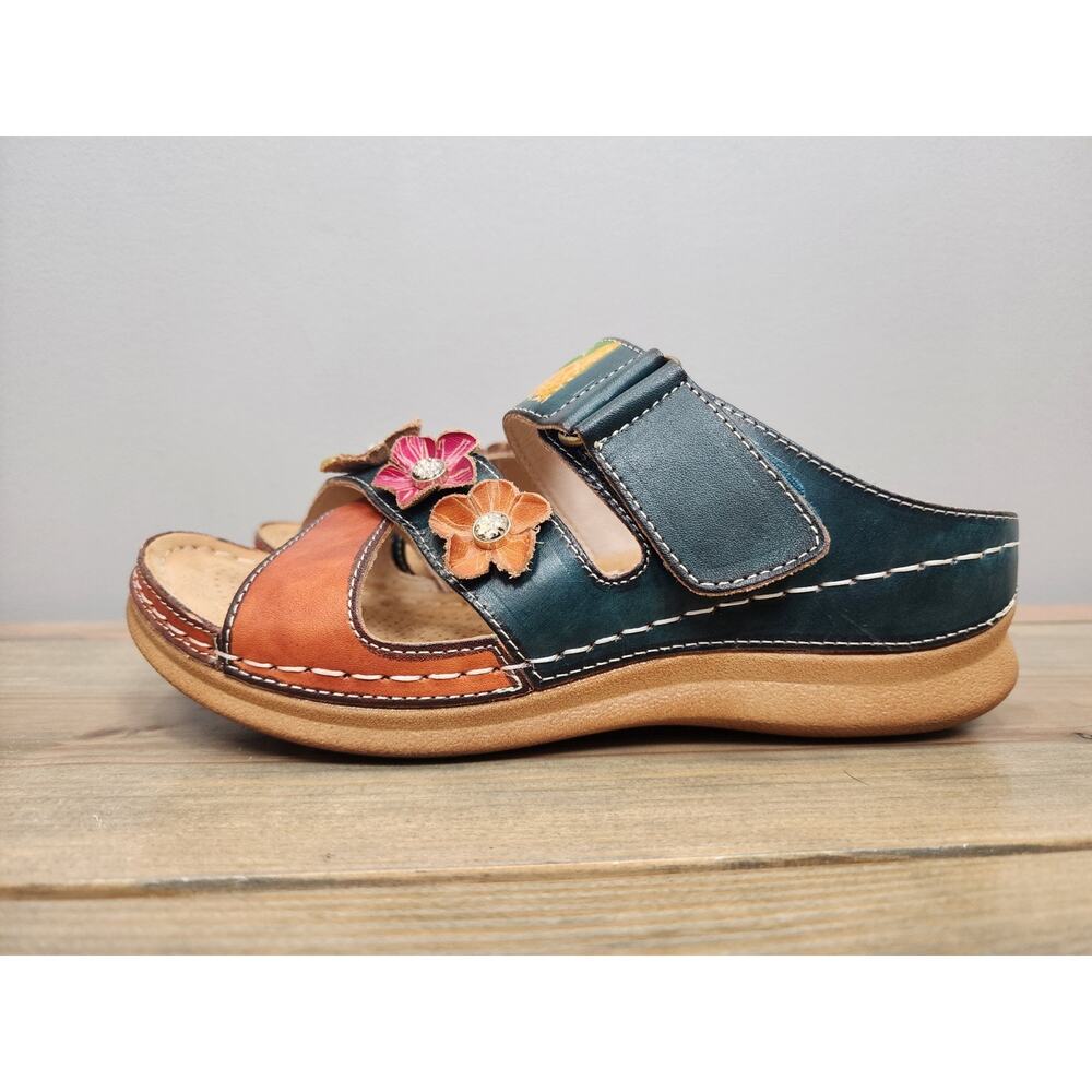 Comfort Floral Two-Tone Leather Slide Sandal - Teal & Rust - Picture 3 of 6